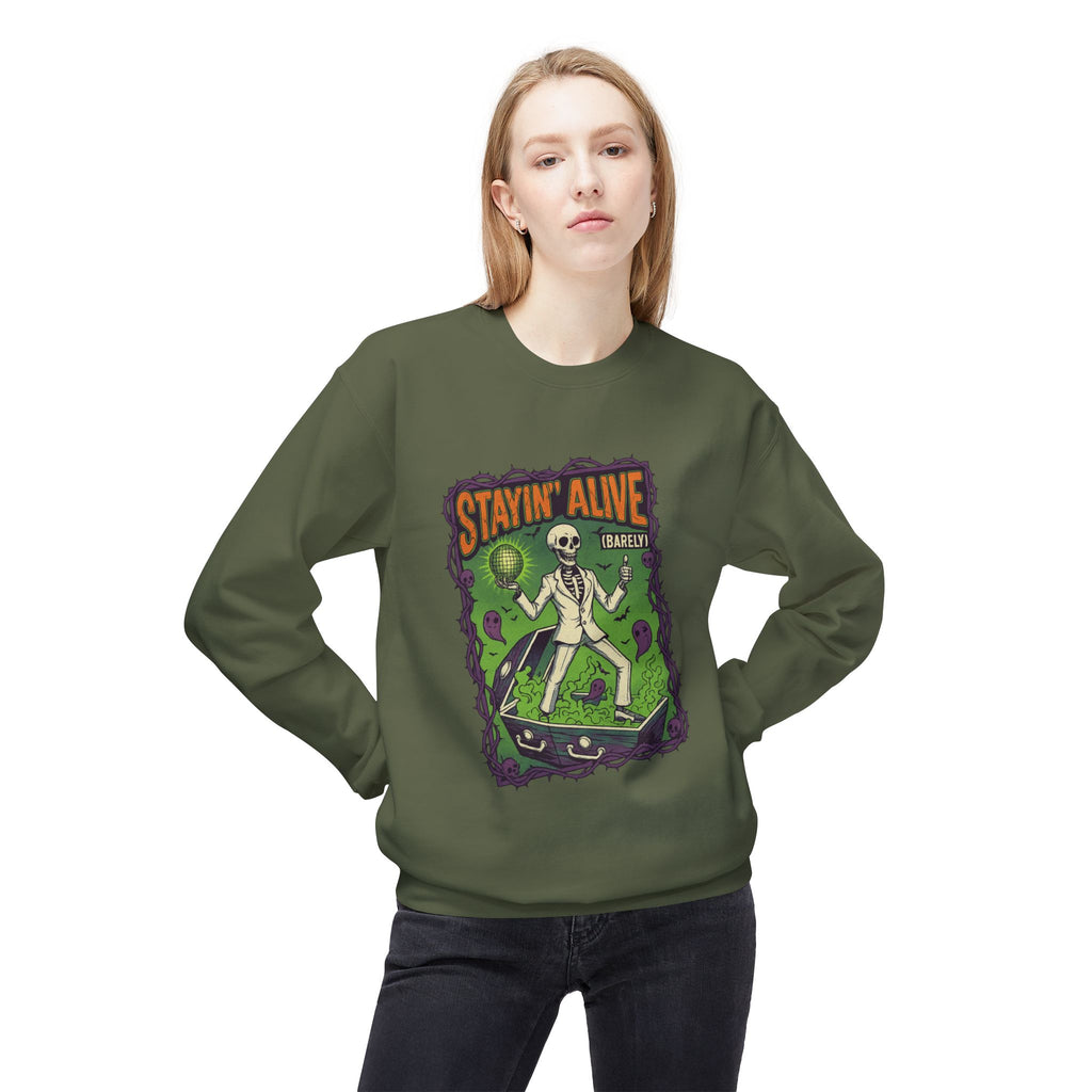 Stayin’ Alive (Barely) 1 - Crewneck Unisex Sweatshirt - Cozy Halloween Apparel