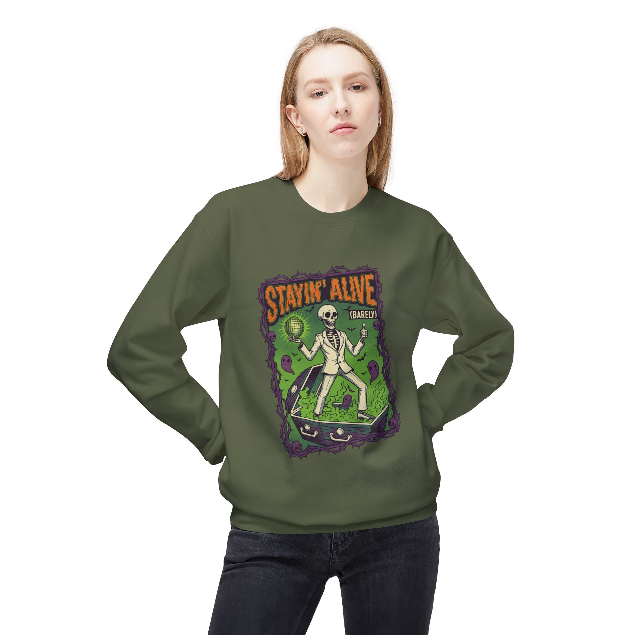 Stayin’ Alive (Barely) 1 - Crewneck Unisex Sweatshirt - Cozy Halloween Apparel