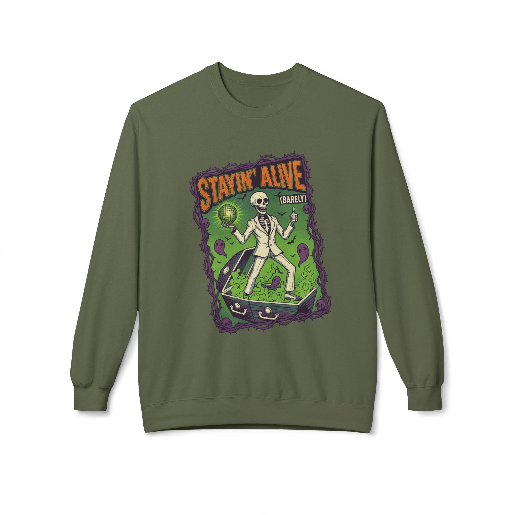 Stayin’ Alive (Barely) 1 - Crewneck Unisex Sweatshirt - Cozy Halloween Apparel
