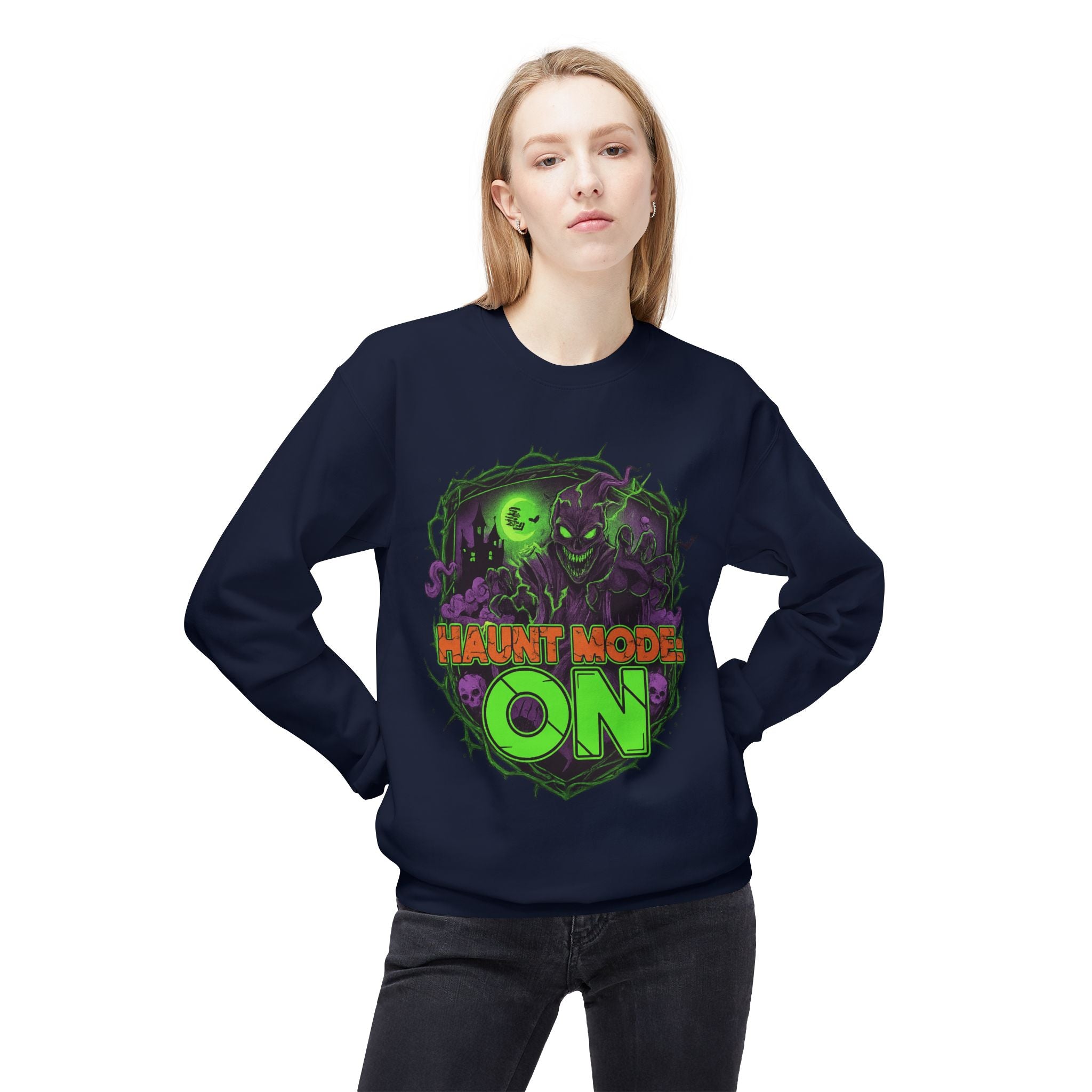 Haunt Mode ON 1 - Crewneck Unisex Sweatshirt - Cozy Halloween Apparel