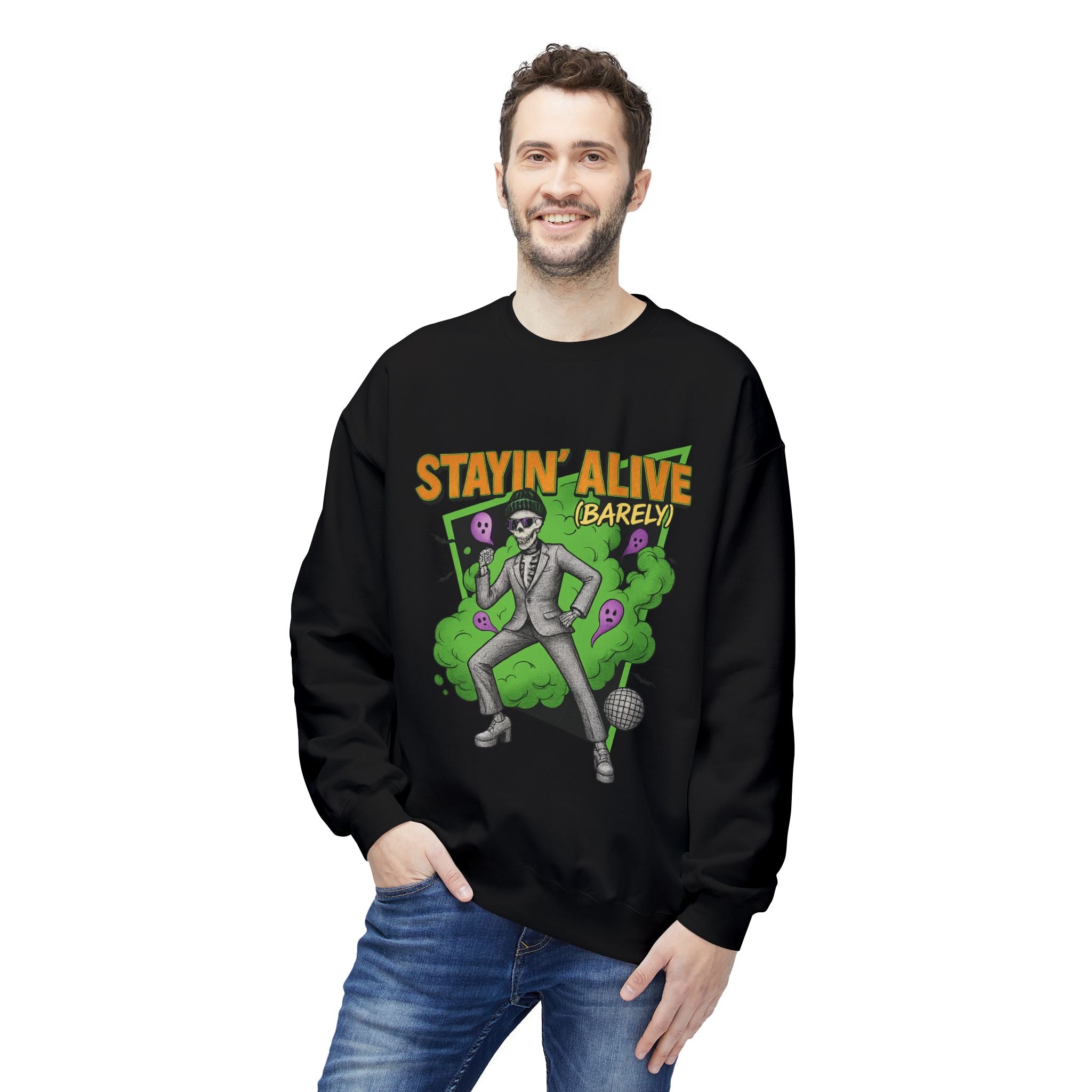 Stayin’ Alive (Barely) 2 - Crewneck Unisex Sweatshirt - Cozy Halloween Apparel