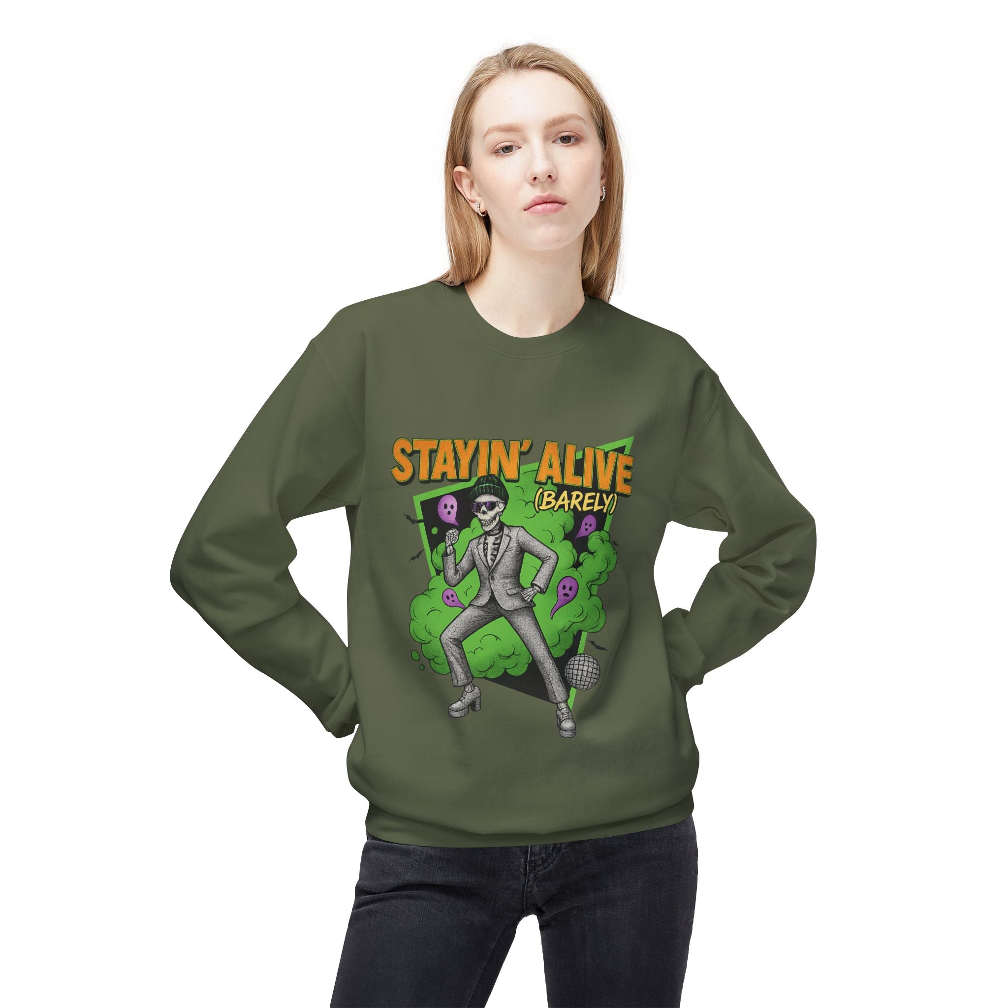 Stayin’ Alive (Barely) 2 - Crewneck Unisex Sweatshirt - Cozy Halloween Apparel