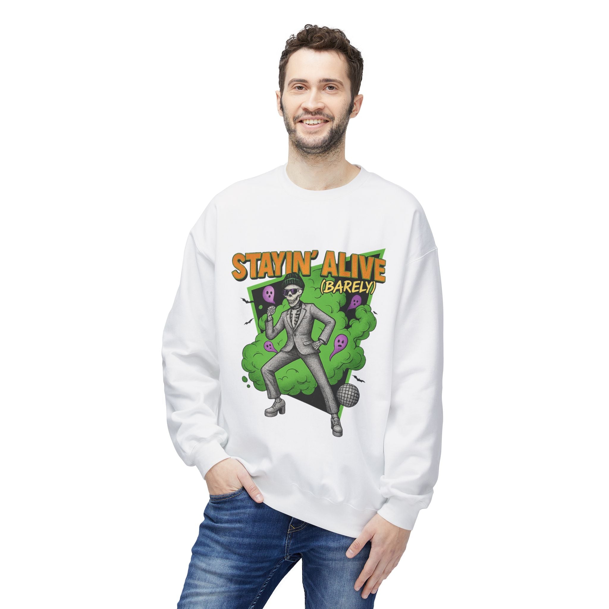 Stayin’ Alive (Barely) 2 - Crewneck Unisex Sweatshirt - Cozy Halloween Apparel