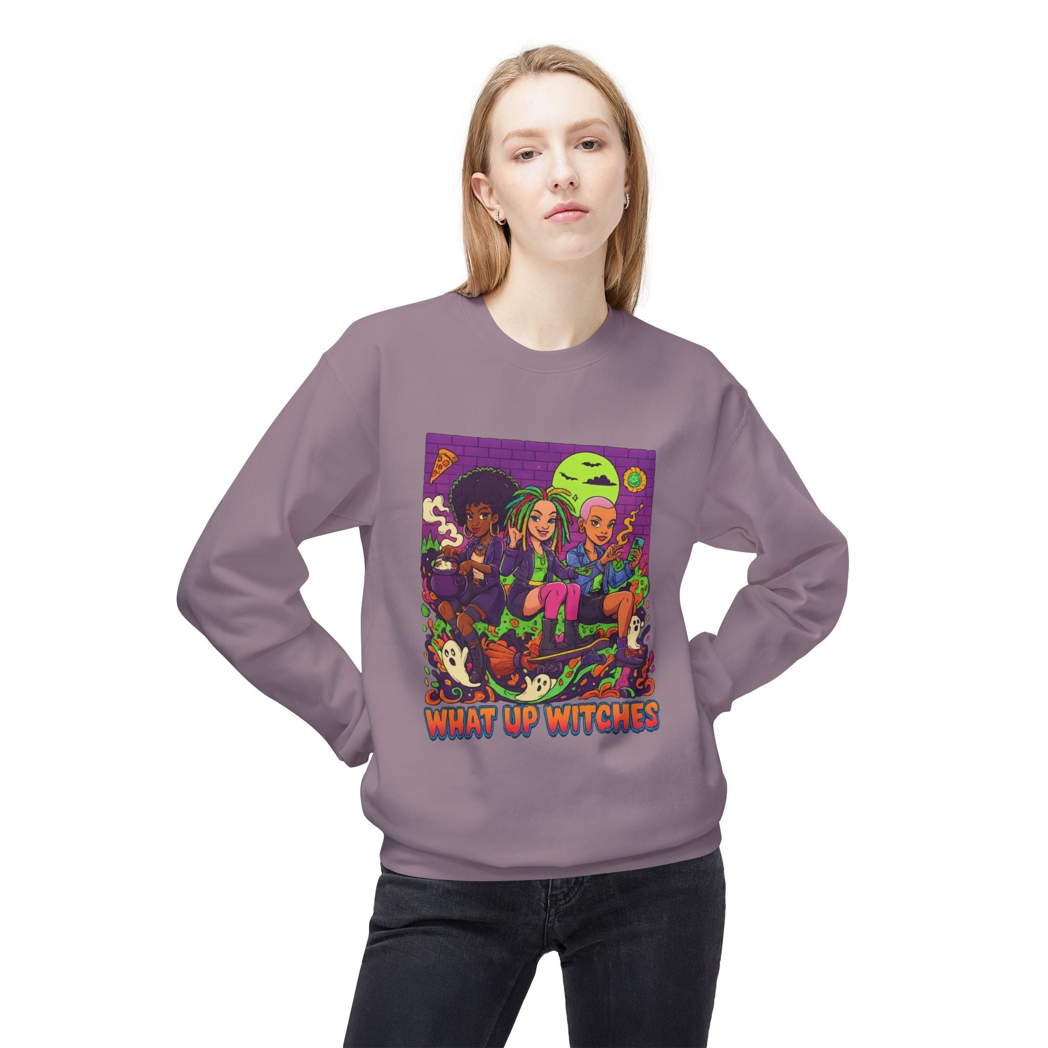 What Up Witches 1 - Crewneck Unisex Sweatshirt - Cozy Halloween Apparel