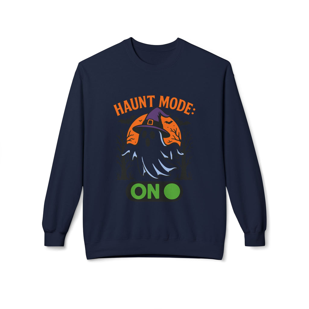 Haunt Mode ON 3_White - Crewneck Unisex Sweatshirt - Cozy Halloween Apparel
