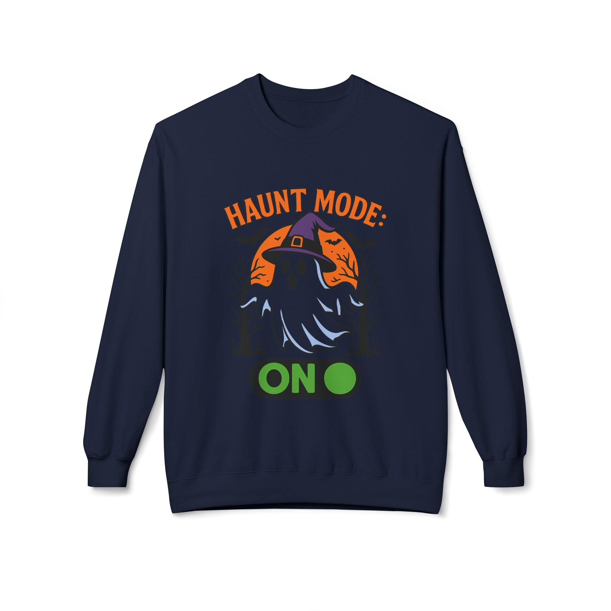 Haunt Mode ON 3_White - Crewneck Unisex Sweatshirt - Cozy Halloween Apparel