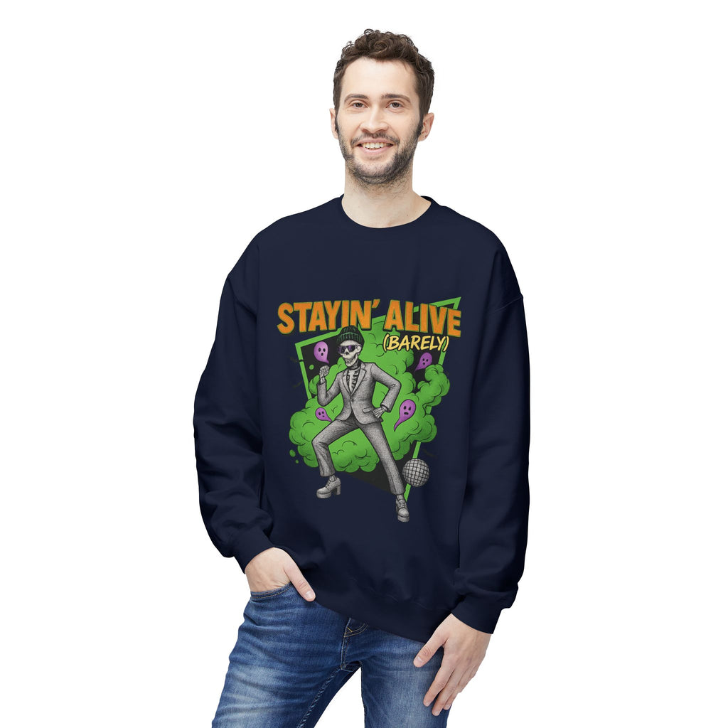 Stayin’ Alive (Barely) 2 - Crewneck Unisex Sweatshirt - Cozy Halloween Apparel