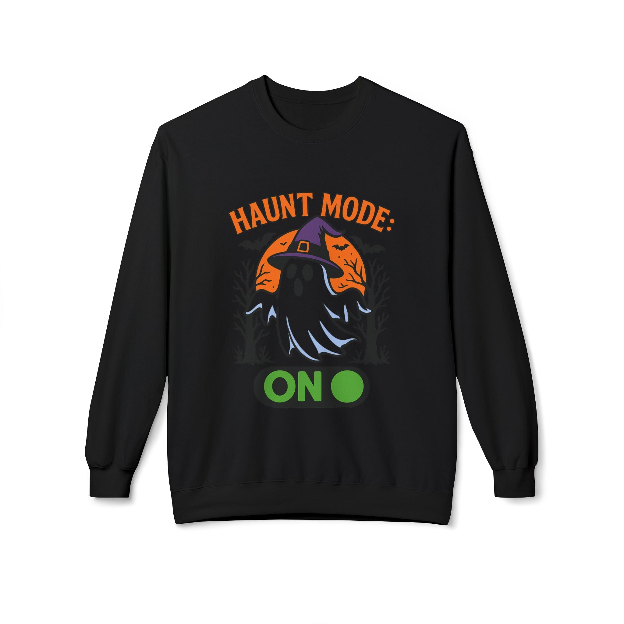 Haunt Mode ON 3_White - Crewneck Unisex Sweatshirt - Cozy Halloween Apparel