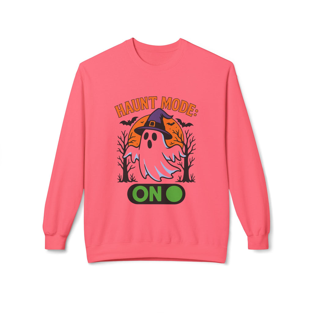 Haunt Mode ON 3_White - Crewneck Unisex Sweatshirt - Cozy Halloween Apparel