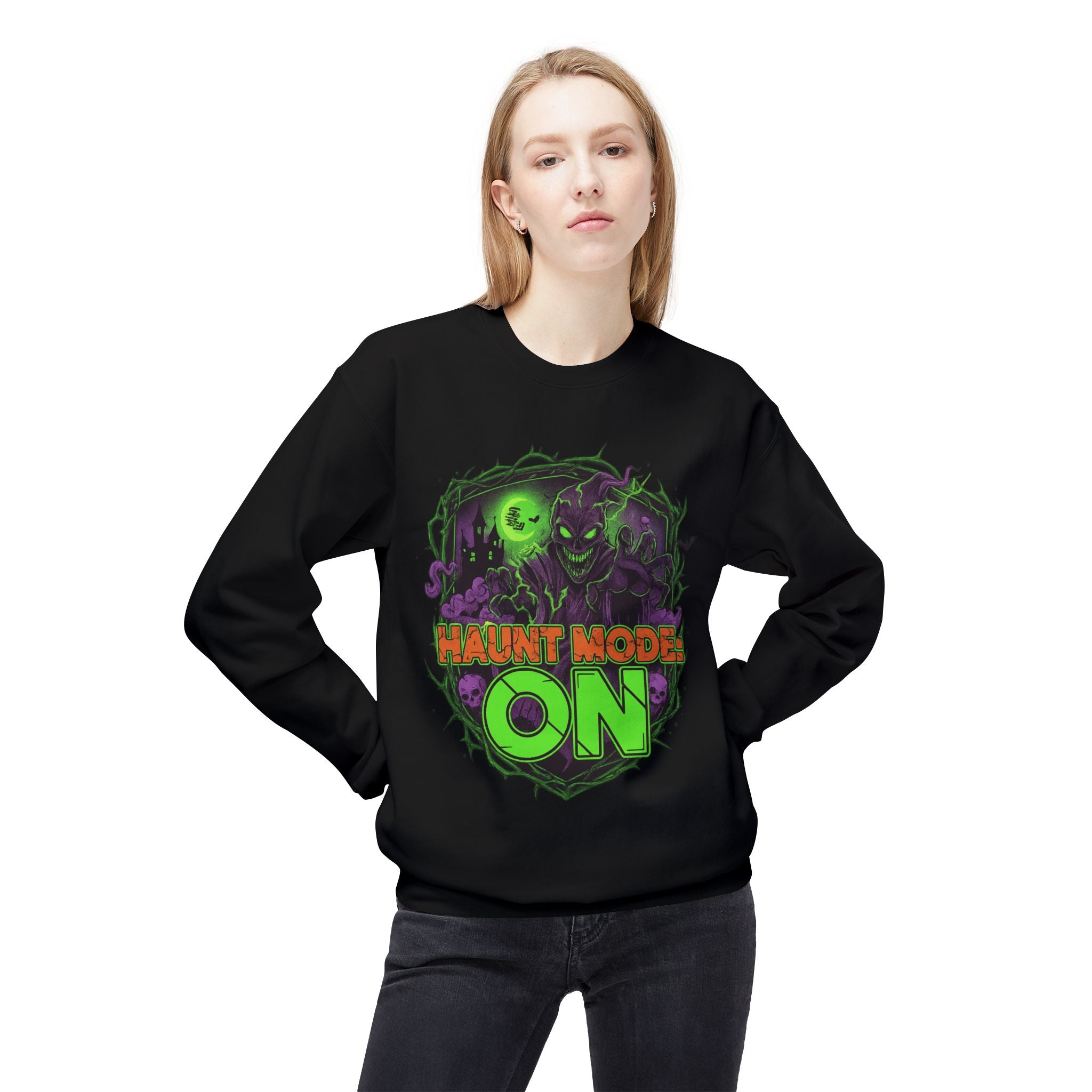 Haunt Mode ON 1 - Crewneck Unisex Sweatshirt - Cozy Halloween Apparel