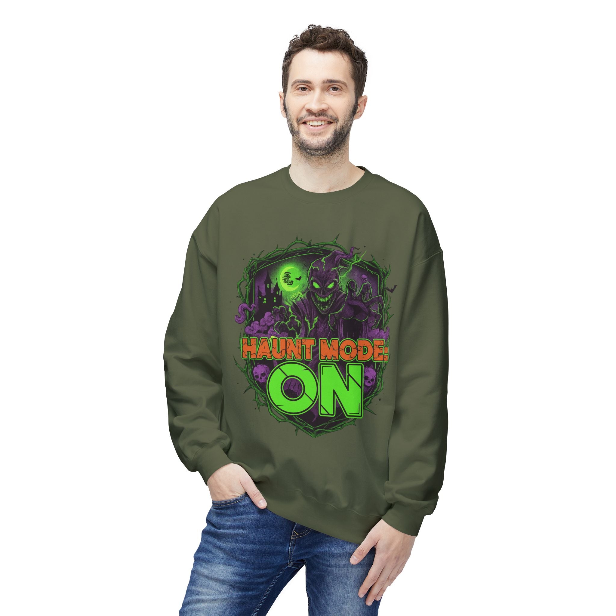 Haunt Mode ON 1 - Crewneck Unisex Sweatshirt - Cozy Halloween Apparel