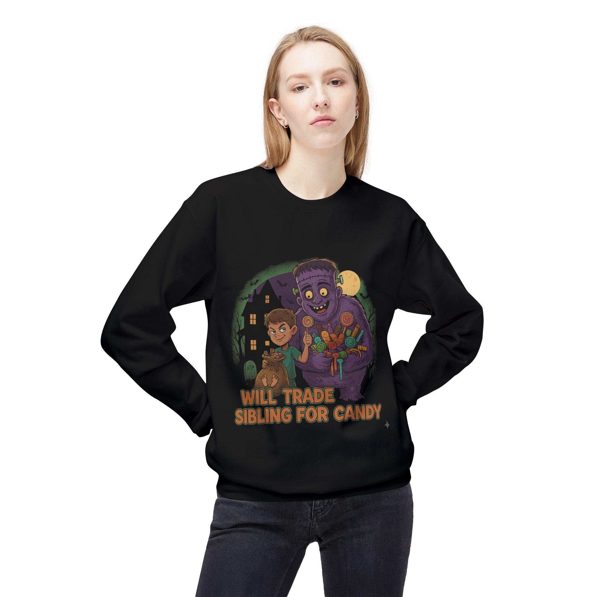 Will Trade Sibling for Candy 1 - Crewneck Unisex Sweatshirt - Cozy Halloween Apparel