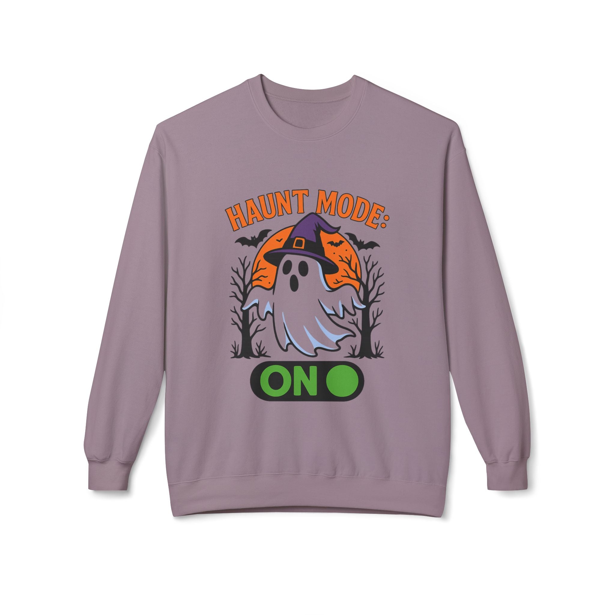 Haunt Mode ON 3_White - Crewneck Unisex Sweatshirt - Cozy Halloween Apparel