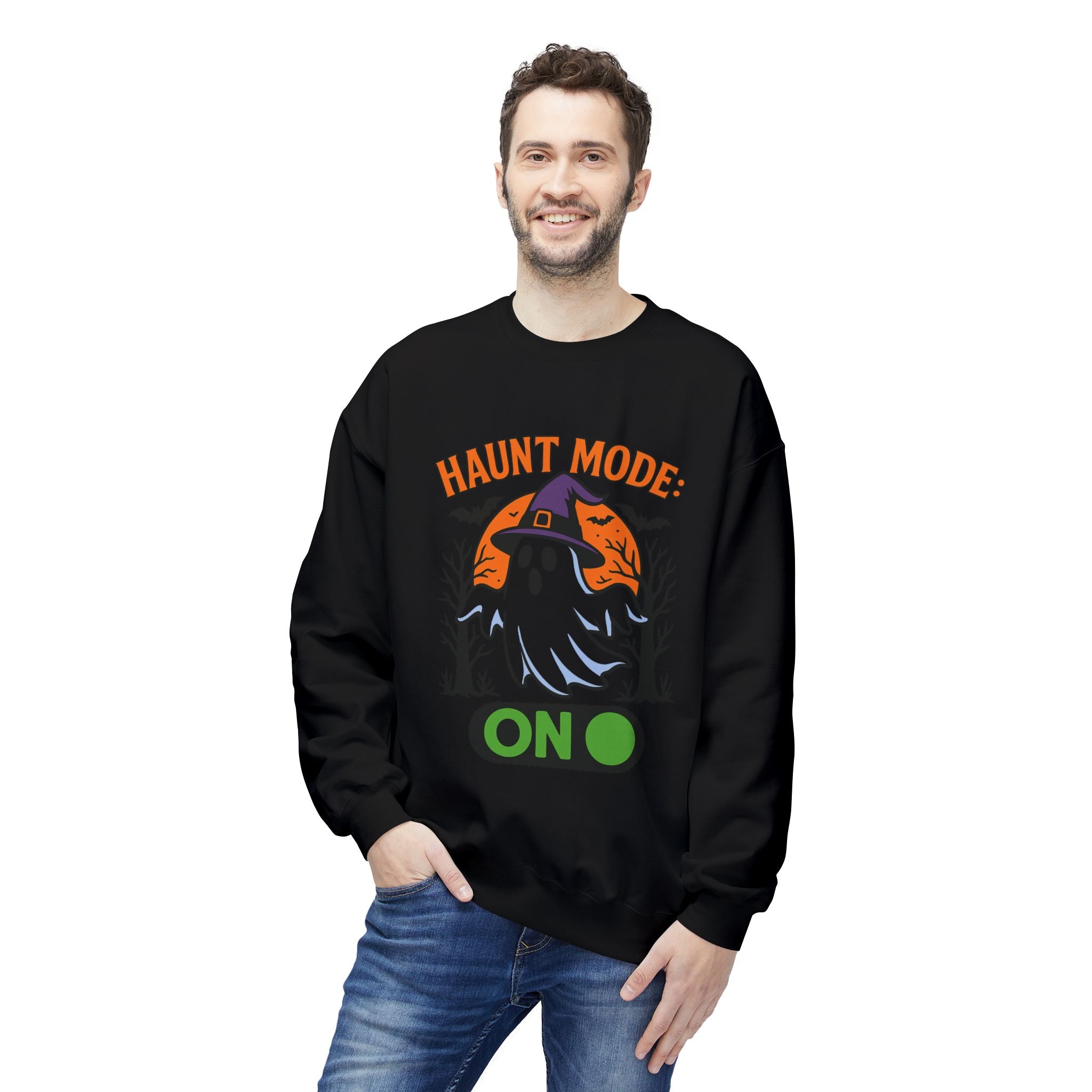 Haunt Mode ON 3_White - Crewneck Unisex Sweatshirt - Cozy Halloween Apparel